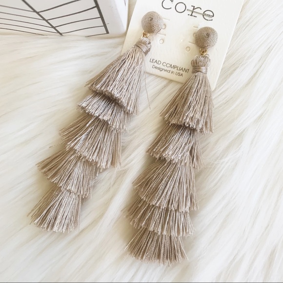 TULIPAN Multi Layer Taupe Tassel Fringe Earrings - Picture 7 of 7
